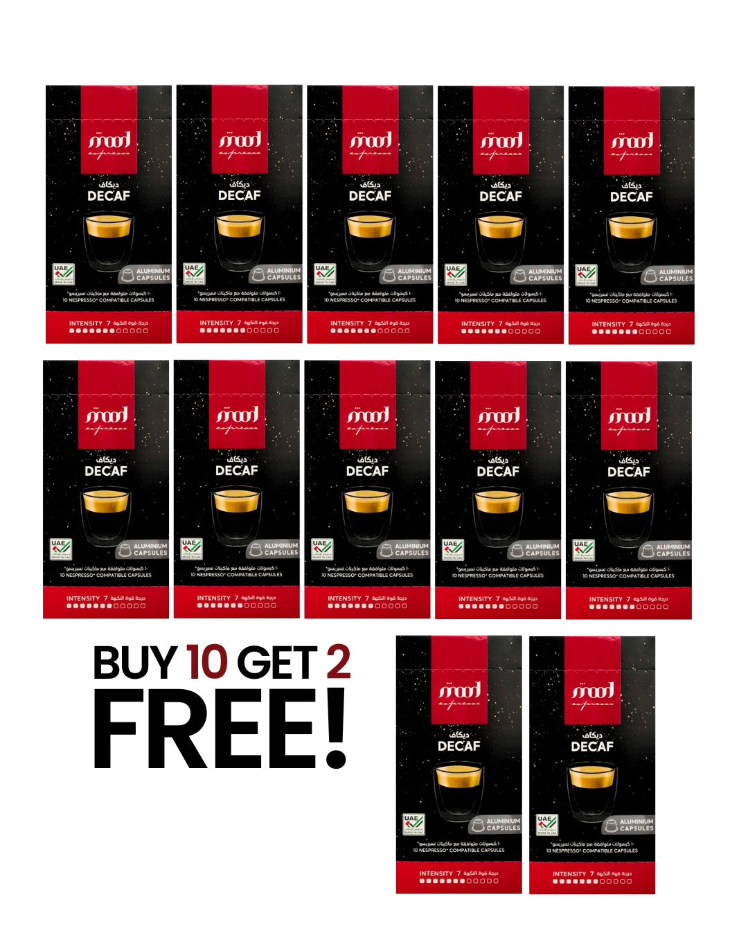 10+2 Free: Decaf Nespresso Compatible Aluminium Coffee Capsules, Square Pack