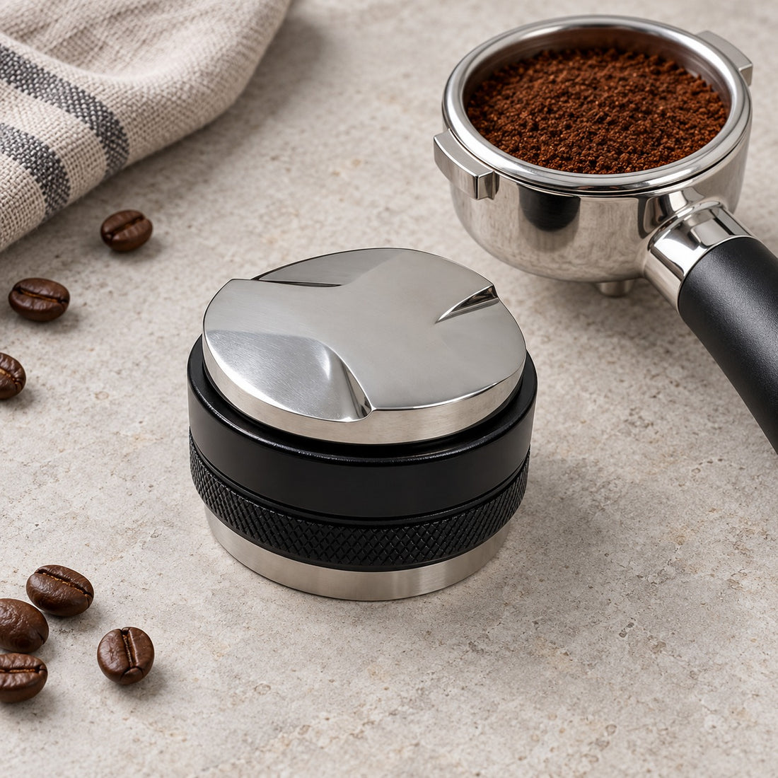 58 mm coffee distributor and tamper beside a portafilter, portafilter not included