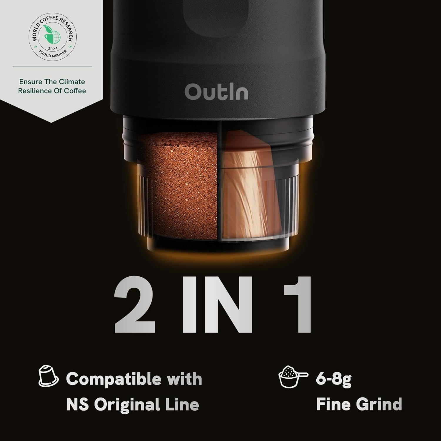 Outin Nano Portable Electric Espresso Maker: Self-Heating, USB-C , 7500mAh Battery - Perfect with Mood Espresso Capsules