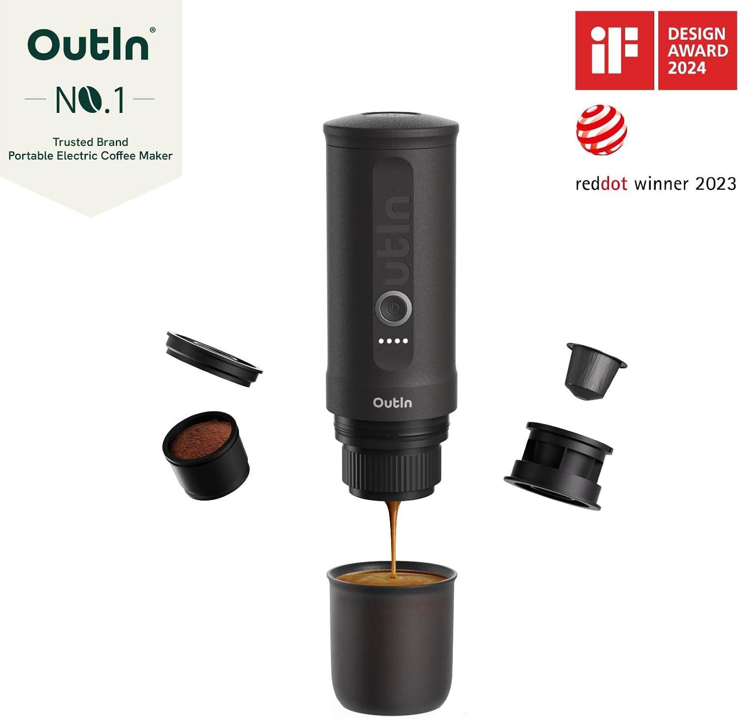 Outin Nano Portable Electric Espresso Maker: Self-Heating, USB-C , 7500mAh Battery - Perfect with Mood Espresso Capsules