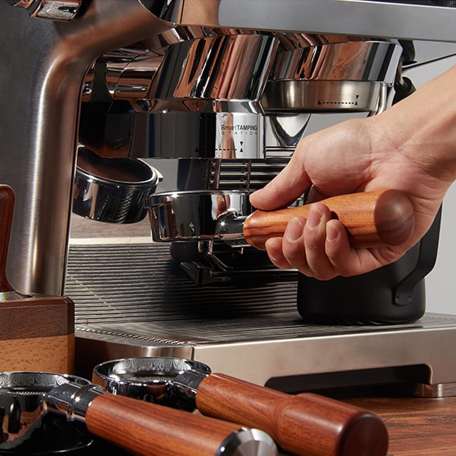 58mm Bottomless Portafilter for E61 Espresso Machines - Stainless Steel Naked Filter with Wooden Handle & Coffee Basket