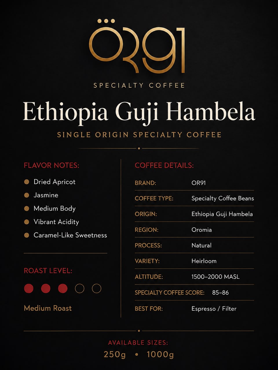 OR91 Ethiopia Guji Hambela Specialty Coffee Beans, Medium Roast
