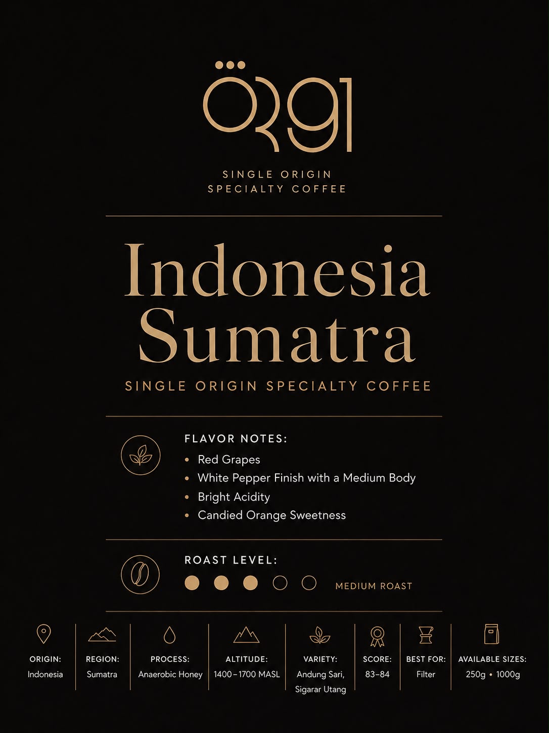 OR91 Indonesia Sumatra Specialty Coffee Beans, Medium Roast
