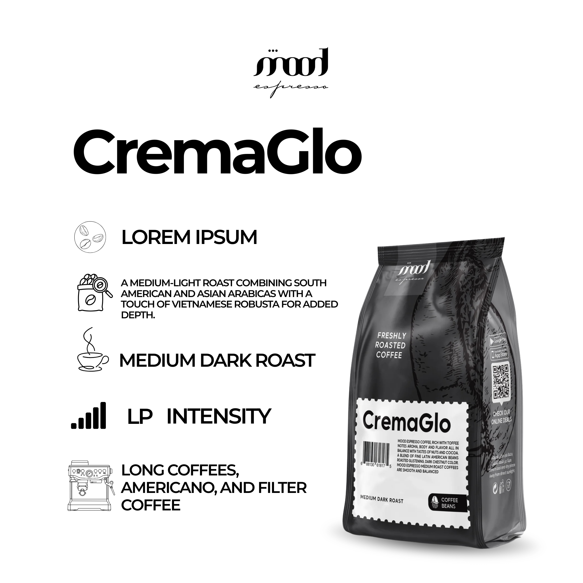 Mood Espresso Roasted Coffee Beans - CremaGlo 1000 g