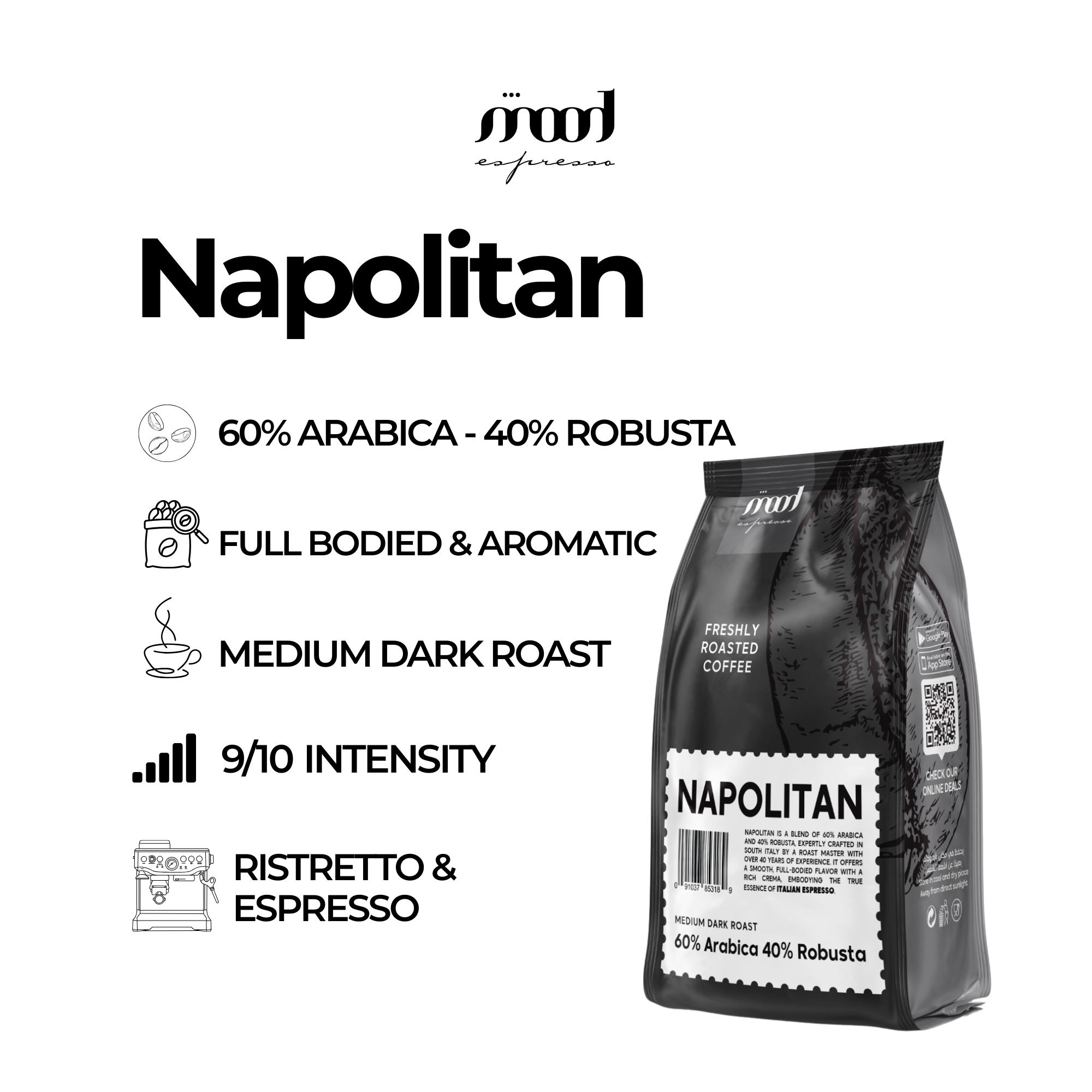 Mood Espresso Roasted Coffee Beans - Napolitan 1000 g