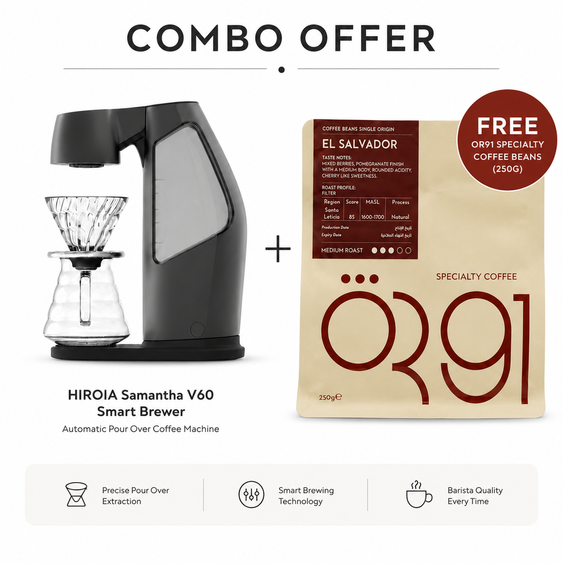HIROIA Samantha V60 Smart Brewer + Free OR91 El Salvador Specialty Coffee Beans 250g