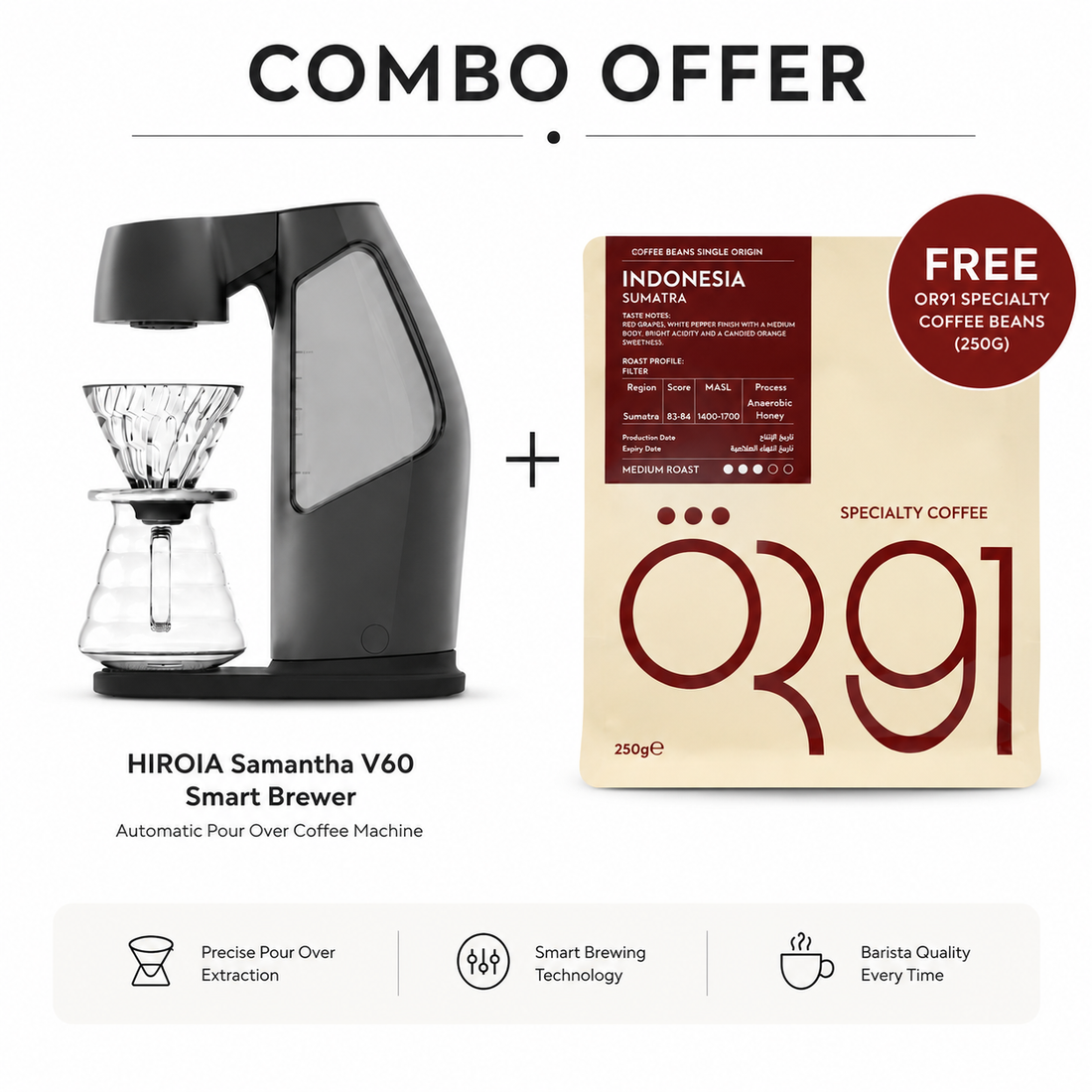 HIROIA Samantha V60 Smart Brewer + Free OR91 Indonesia Sumatra Specialty Coffee Beans 250g