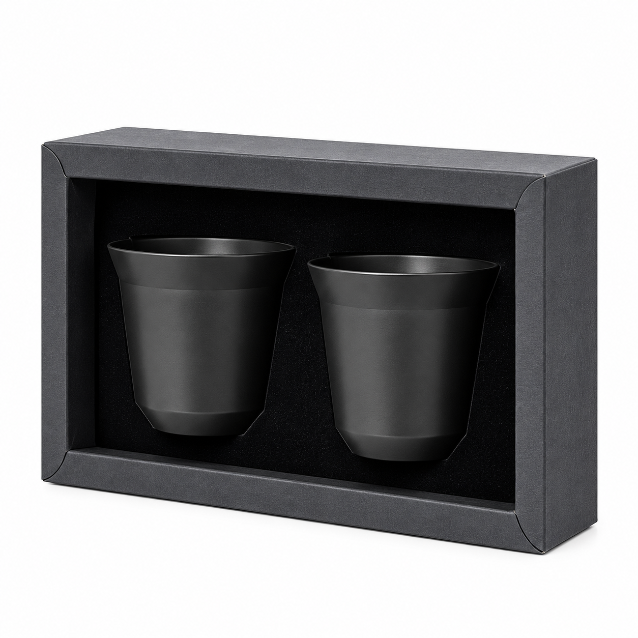 Black 80ml stainless steel espresso cups, set of two in a gift box