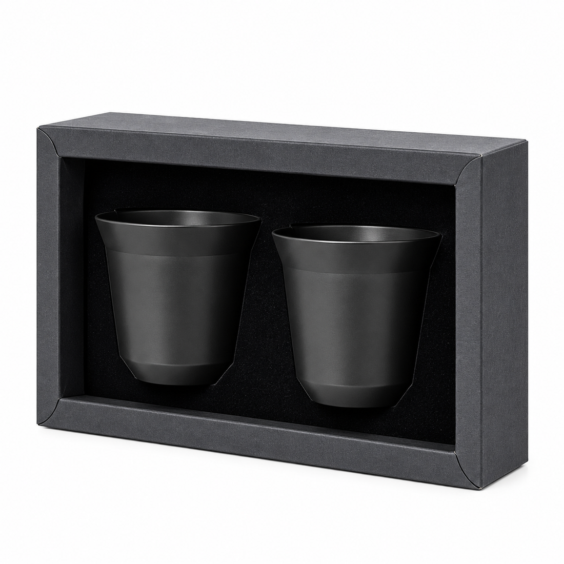 Black 80ml stainless steel espresso cups, set of two in a gift box