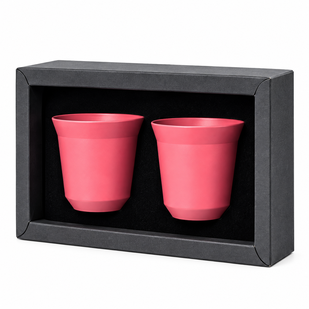 Red 80ml stainless steel espresso cups, set of two in a gift box