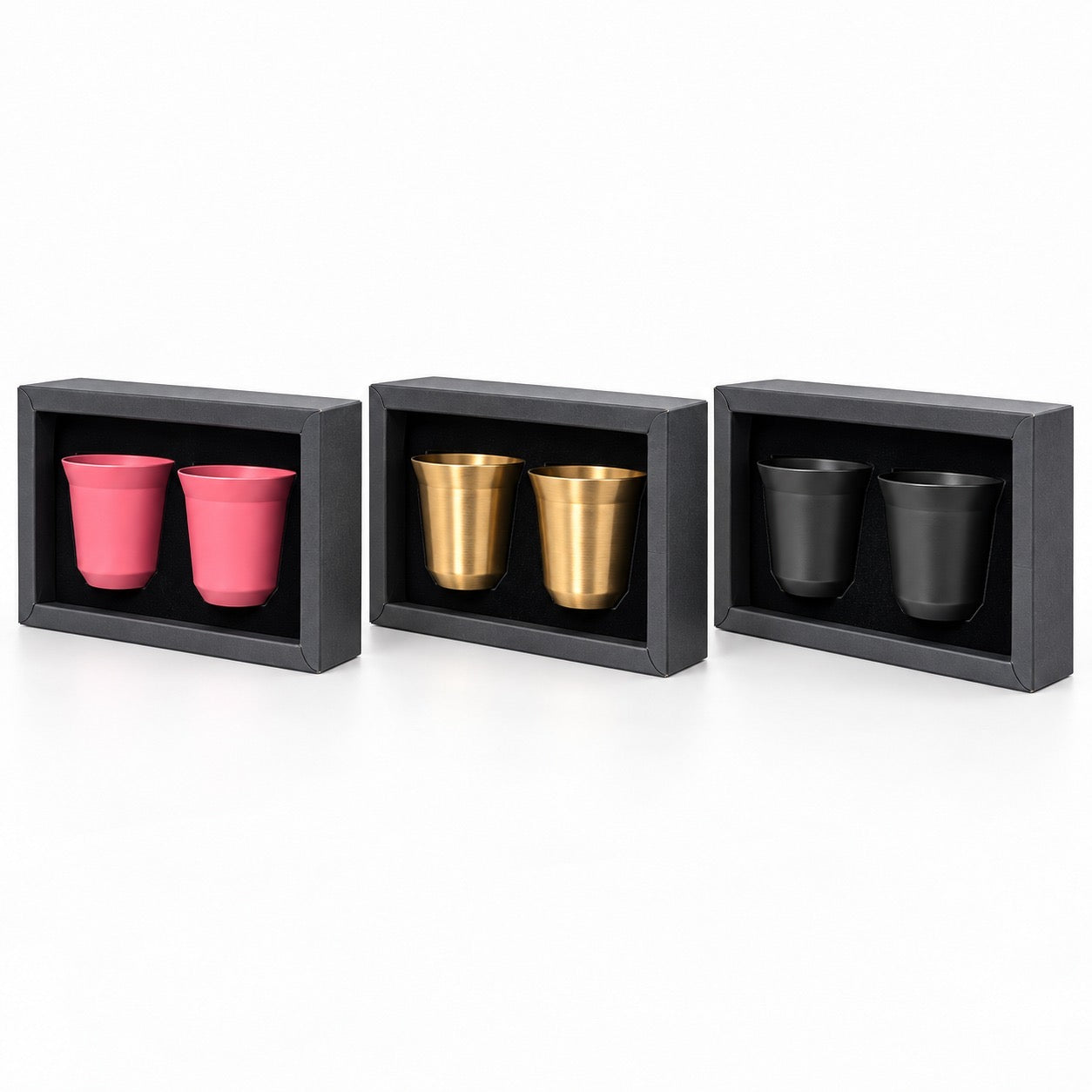 Two cup gift sets shown in three colour options, one gift box per order