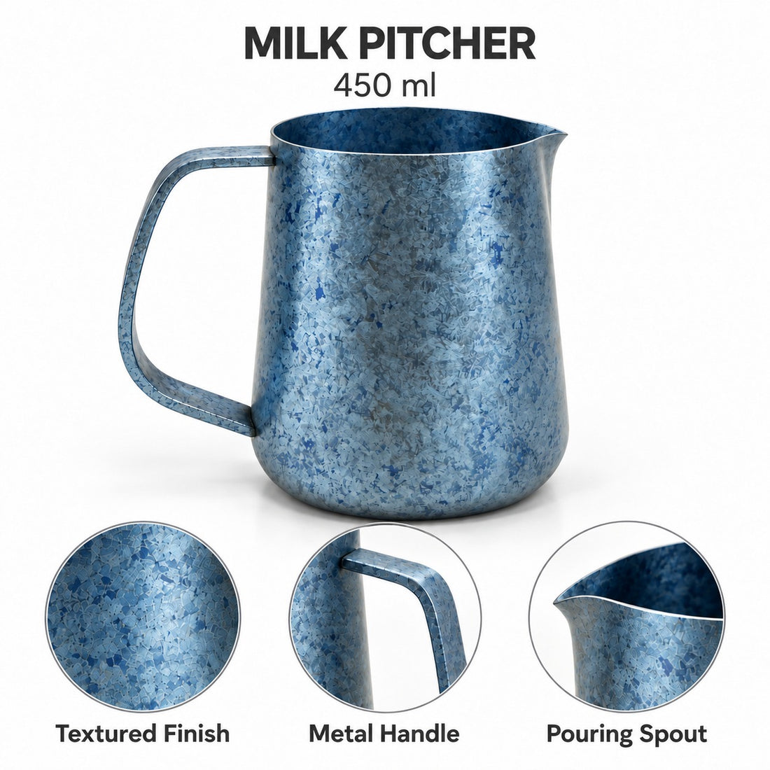 Blue milk pitcher showing textured finish, metal handle and pouring spout