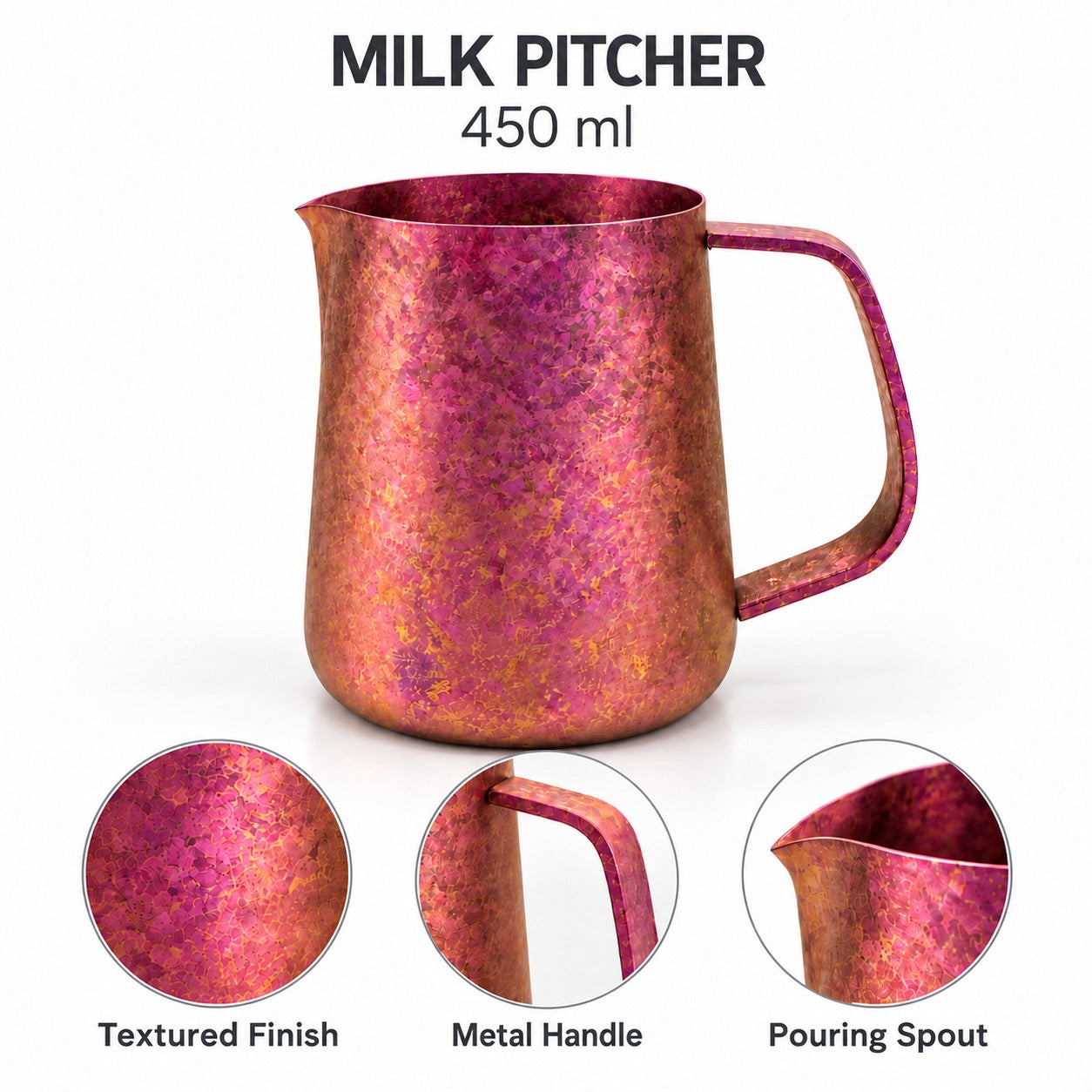 Pink milk pitcher showing textured finish, metal handle and pouring spout