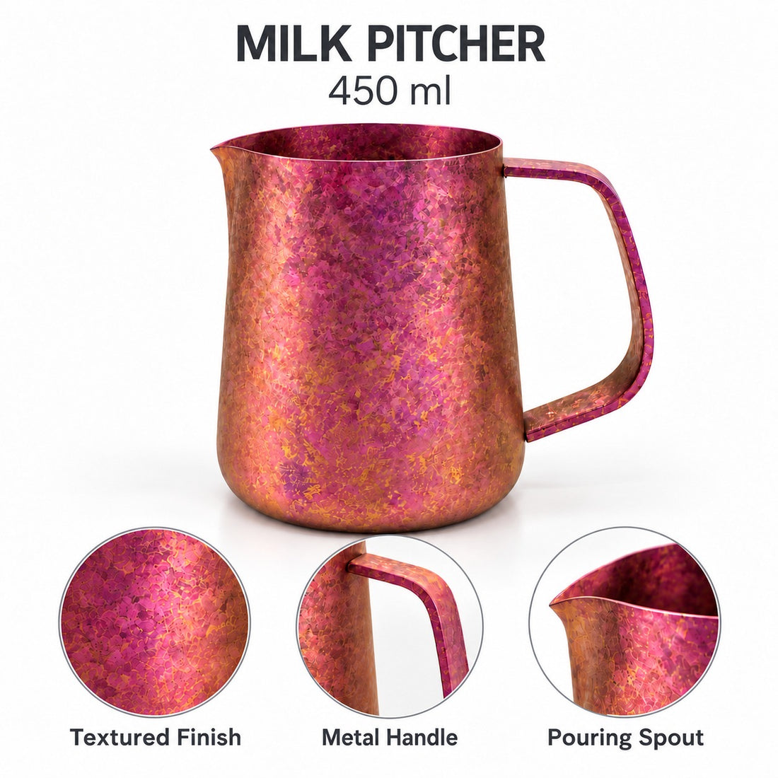Pink milk pitcher showing textured finish, metal handle and pouring spout