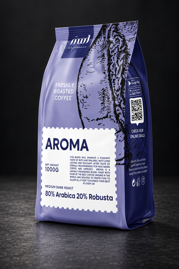 Aroma 1 kg coffee beans in the current Mood Espresso packaging, photographed against charcoal.