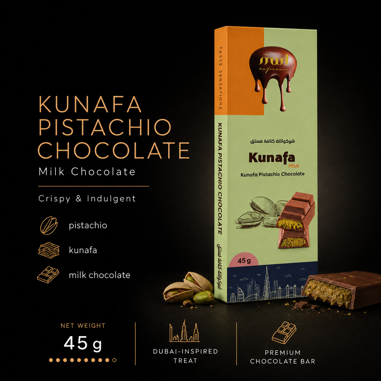 Kunafa Pistachio Milk Chocolate, 45 g