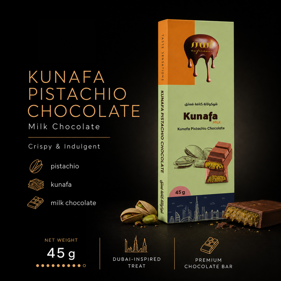 Kunafa Pistachio Milk Chocolate, 45 g