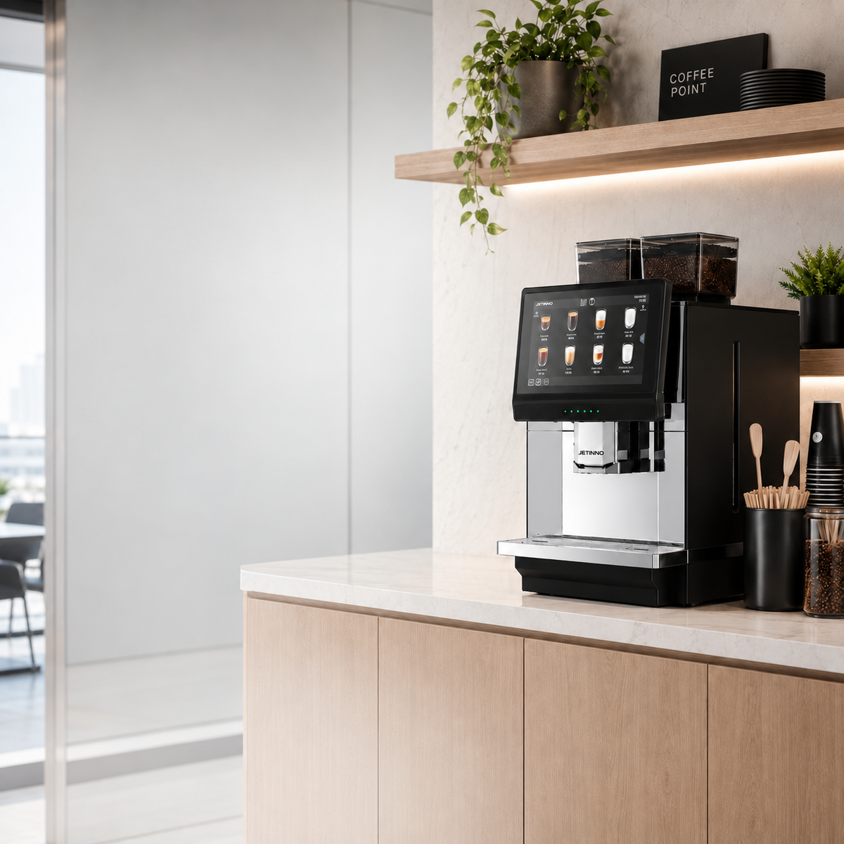 Automatic coffee machine in a bright office coffee area