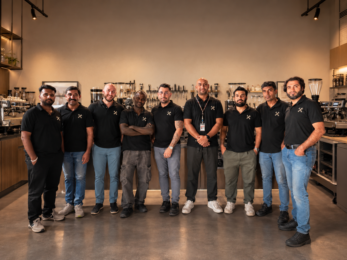 The Mood Espresso maintenance team standing together in a coffee equipment workshop