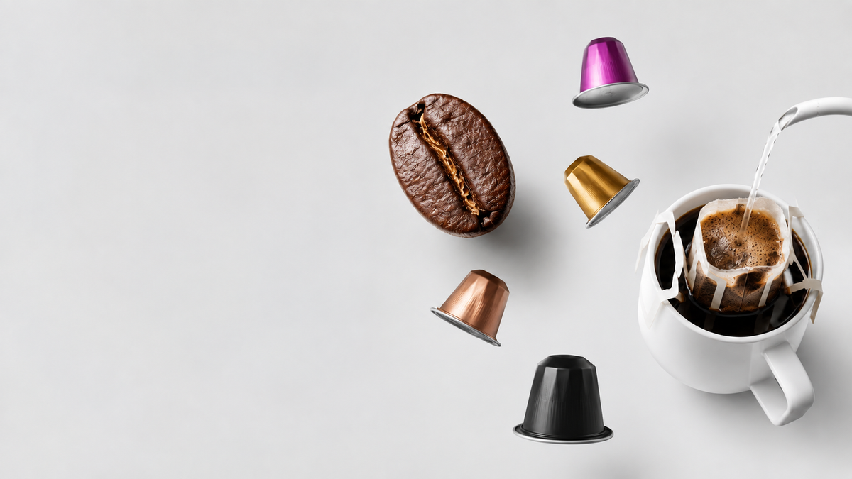 Roasted coffee bean, aluminium capsules and a drip coffee bag brewing in a cup