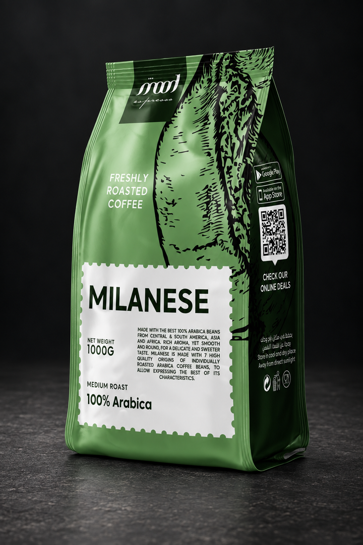 Milanese 1 kg coffee beans in the current Mood Espresso packaging, photographed against charcoal.