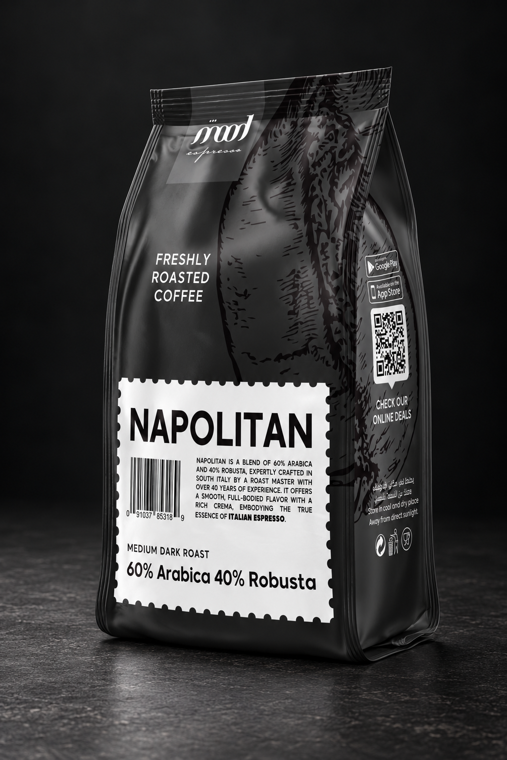 Napolitan 1 kg coffee beans in the current Mood Espresso packaging, photographed against charcoal.