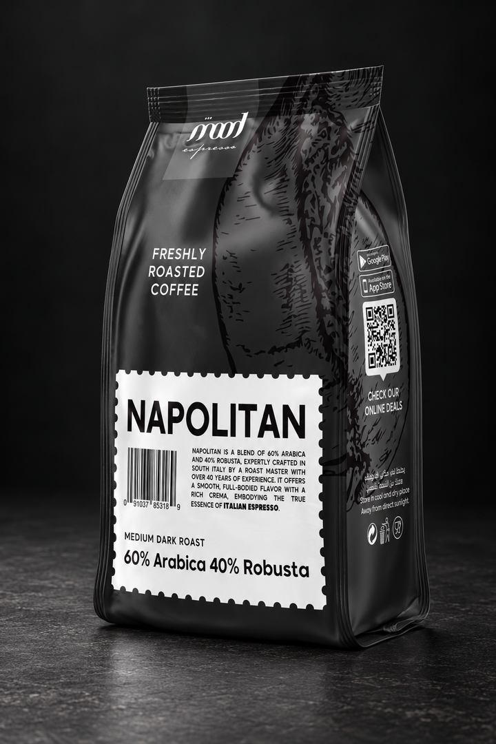 Napolitan 1 kg coffee beans in the current Mood Espresso packaging, photographed against charcoal.