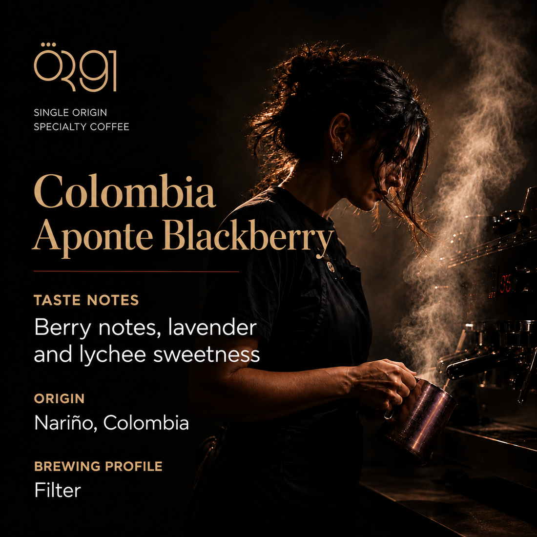 OR91 Colombia Aponte Blackberry Specialty Coffee Beans, Filter Roast, Limited Edition. Taste notes: Berry notes, lavender and lychee sweetness.