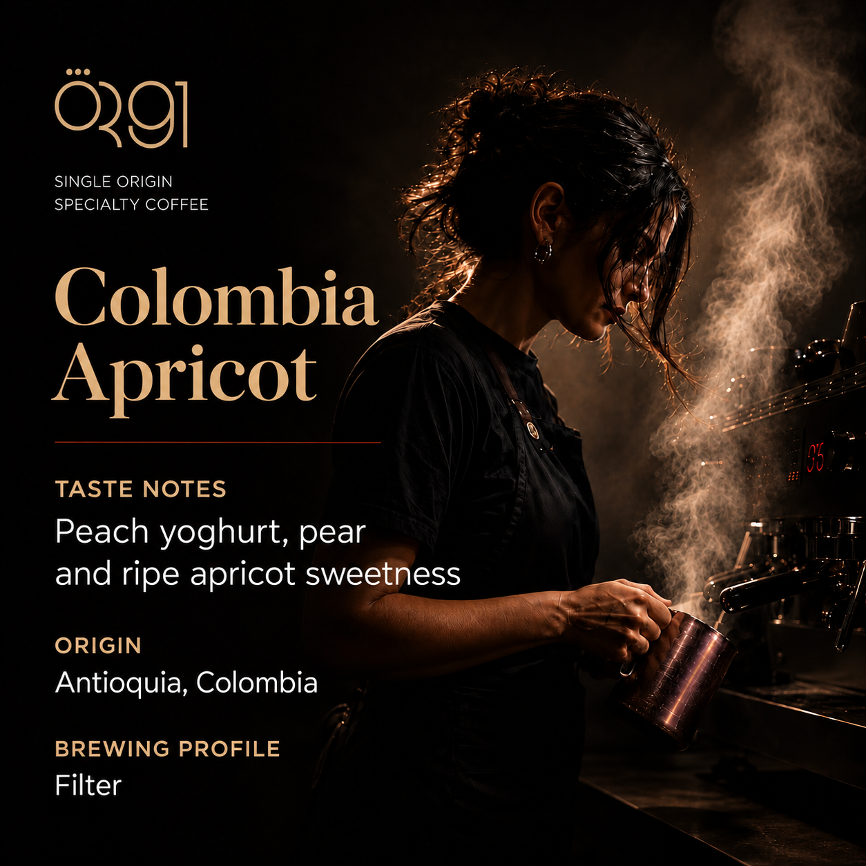 OR91 Colombia Apricot Specialty Coffee Beans, Filter Roast, Limited edition. Taste notes: Peach yoghurt, pear and ripe apricot sweetness.