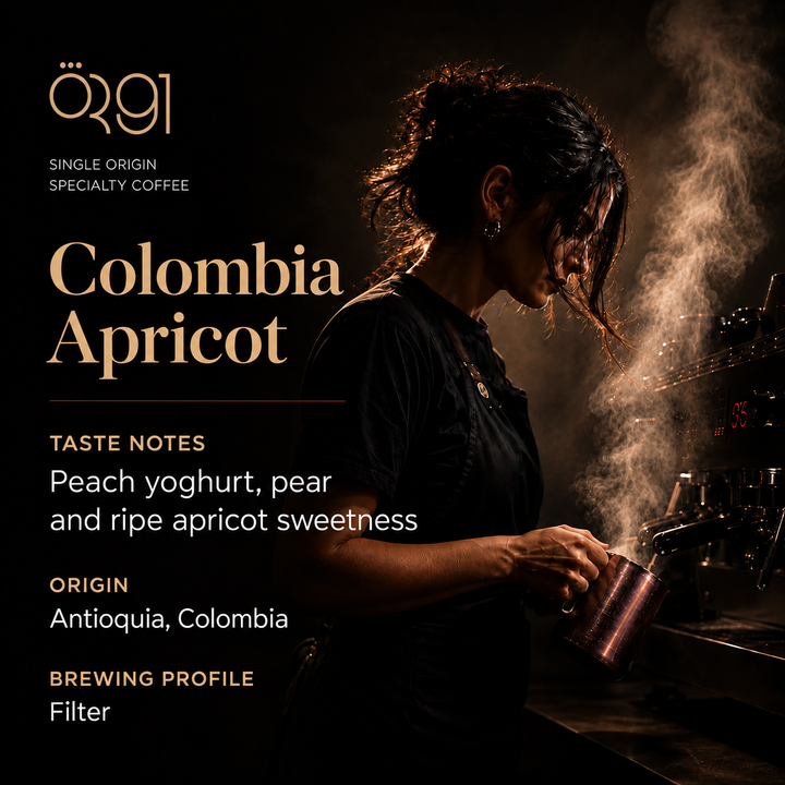 OR91 Colombia Apricot Specialty Coffee Beans, Filter Roast, Limited edition. Taste notes: Peach yoghurt, pear and ripe apricot sweetness.