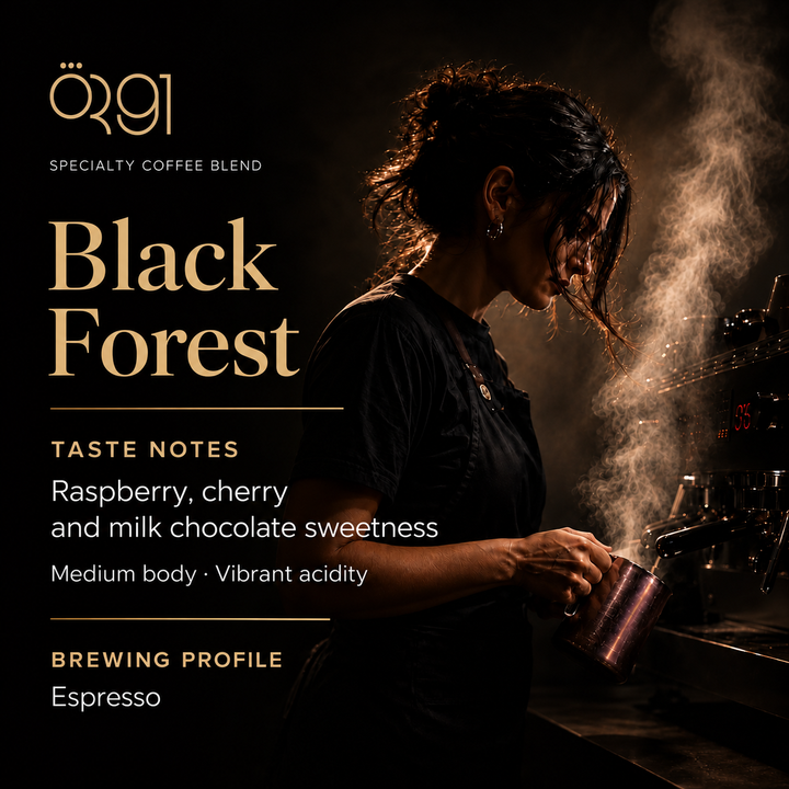 OR91 Black Forest Specialty Coffee Beans, Medium Roast. Taste notes: Raspberry, cherry and milk chocolate sweetness.