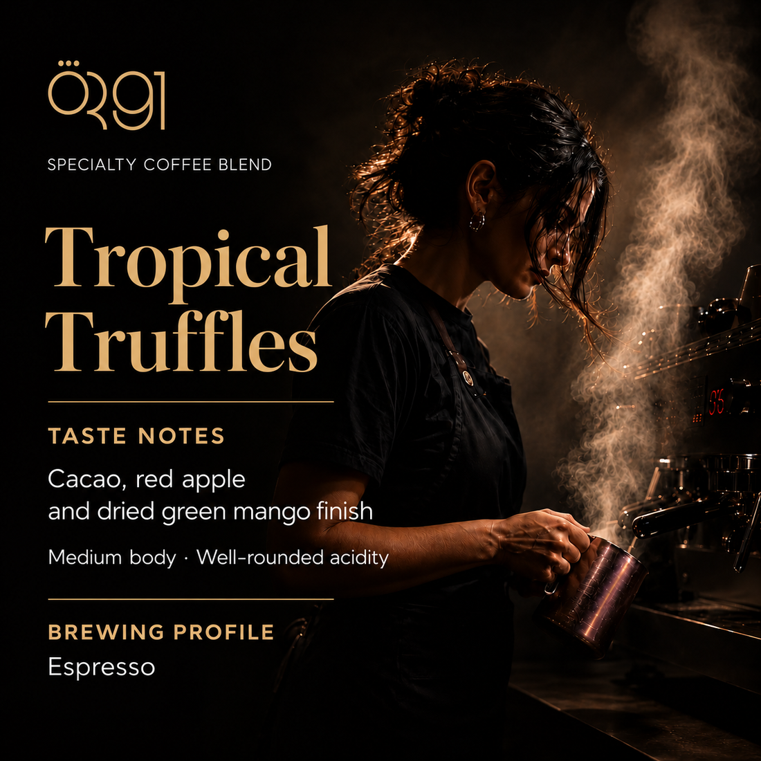OR91 Tropical Truffles Specialty Coffee Beans, Medium Roast. Taste notes: Cacao, red apple and dried green mango finish.