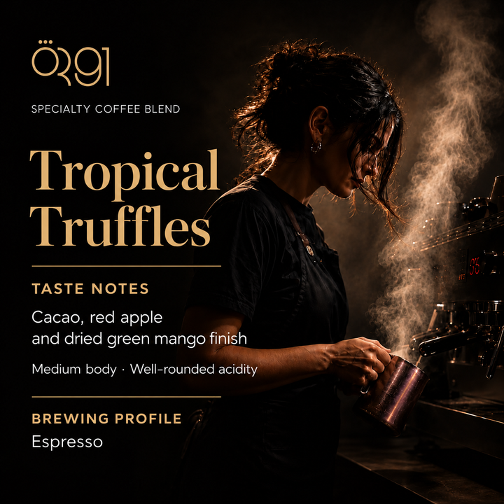 OR91 Tropical Truffles Specialty Coffee Beans, Medium Roast. Taste notes: Cacao, red apple and dried green mango finish.