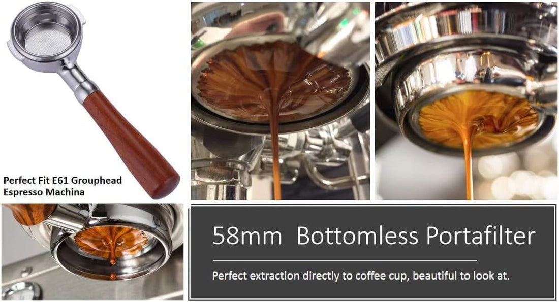 58mm Bottomless Portafilter for E61 Espresso Machines - Stainless Steel Naked Filter with Wooden Handle & Coffee Basket