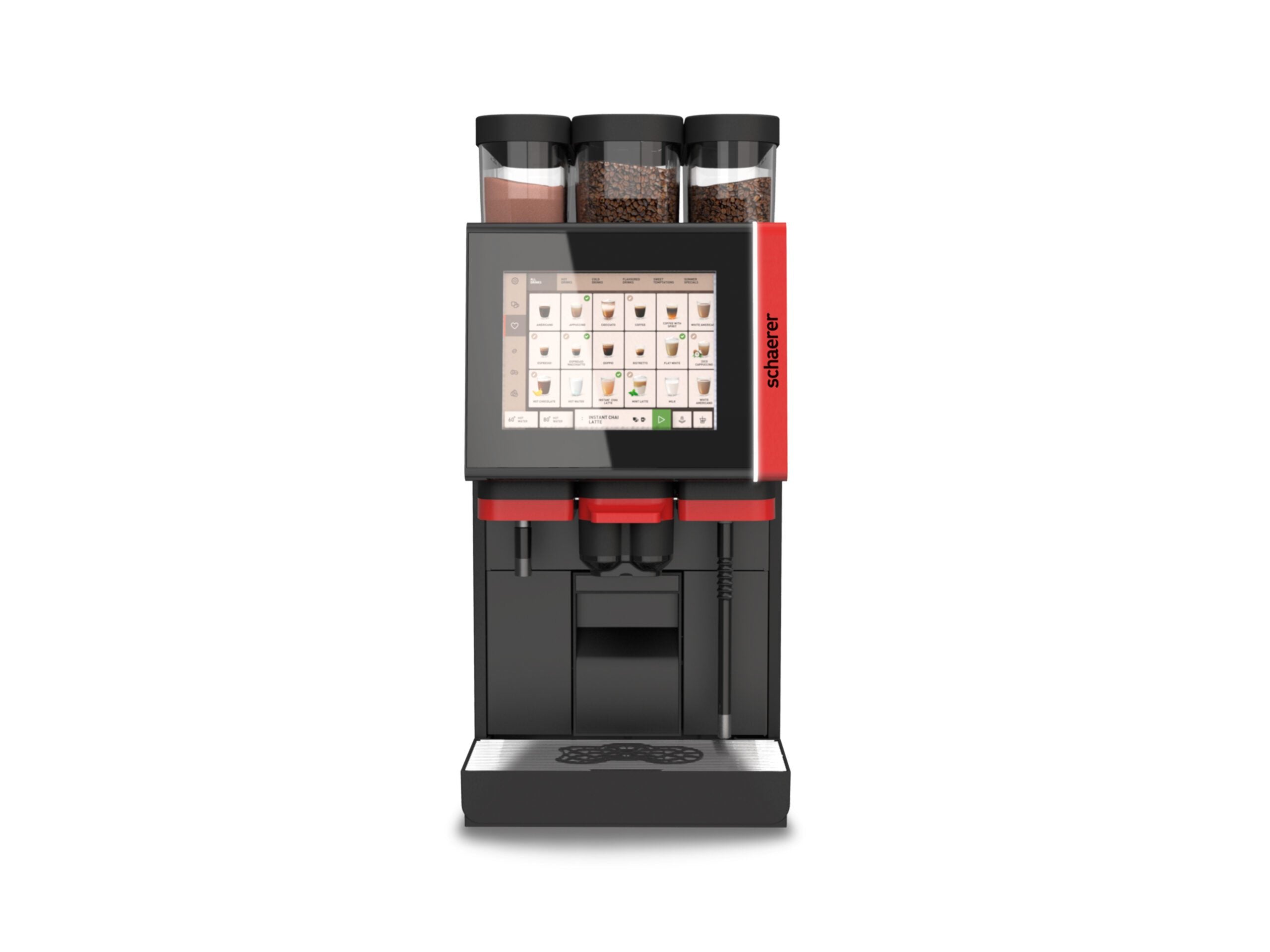 Schaerer Coffee Soul 10 front view; manufacturer photo shows red trim, offered finish is black high gloss