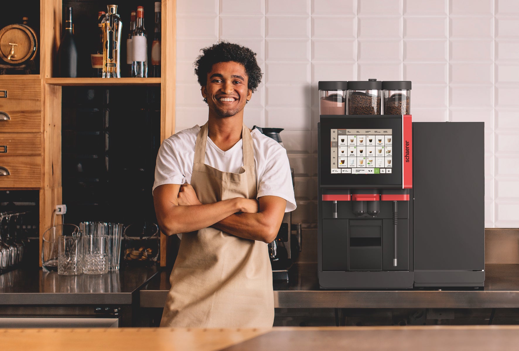Schaerer Coffee Soul 10 in service; manufacturer lifestyle photograph with optional equipment