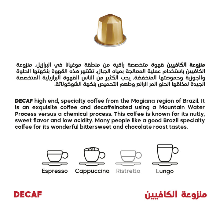 fact sheet of decaf aluminium capsules