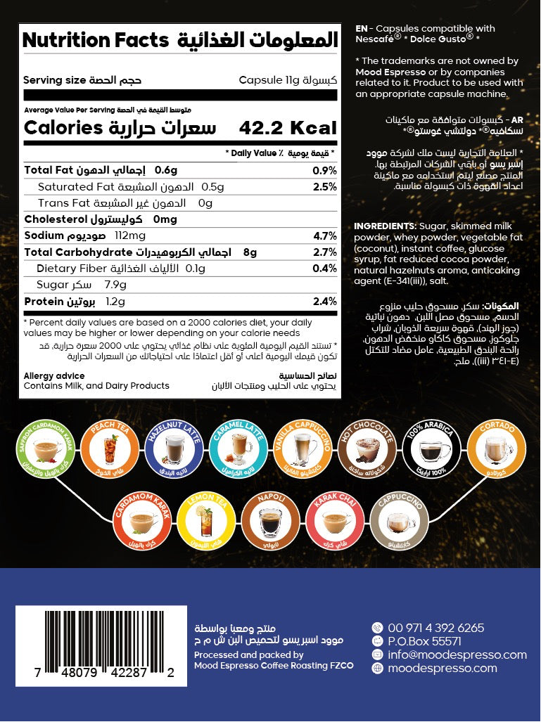 Nutrition Fact -Product details -product cover-Hazelnut Latte-MOOD ESPRESSO-Nescafe Dolce gusto compatible capsule -16 box