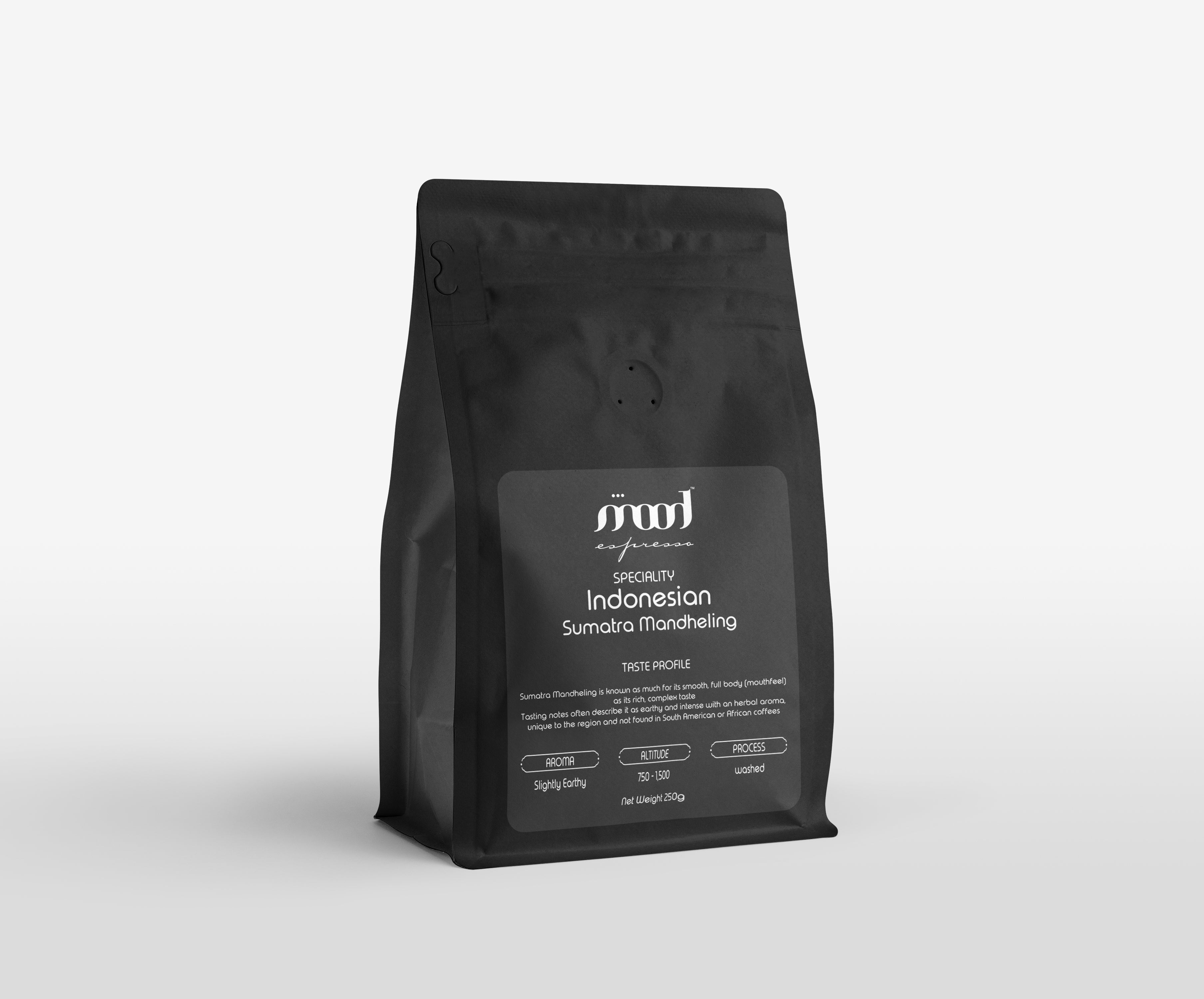 indonesian sumatra mandheling 250 gms bag with white background