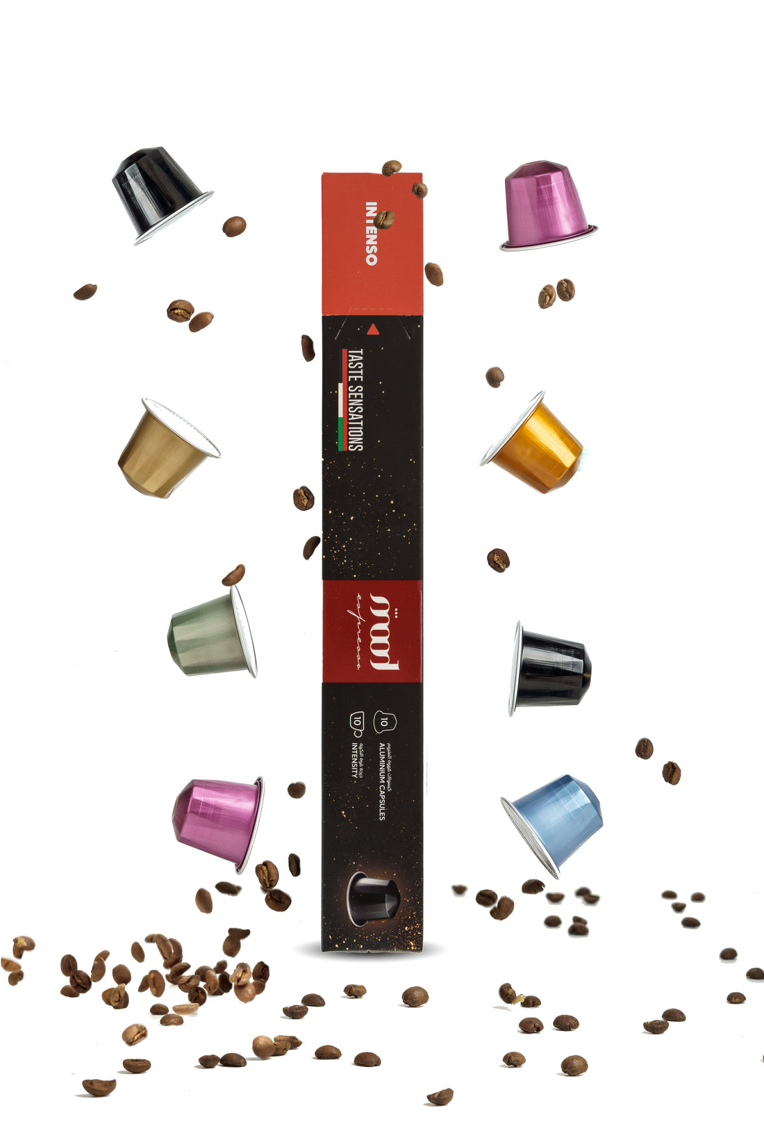 intenso aluminium coffee capsules with falling beans and capsules